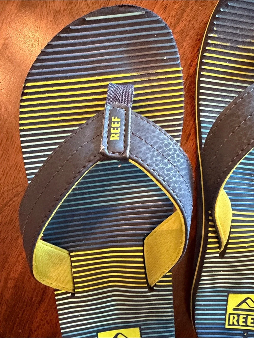 Reef Boy’s Striped Flip Flops in Blue, Yellow/Green, Size 3